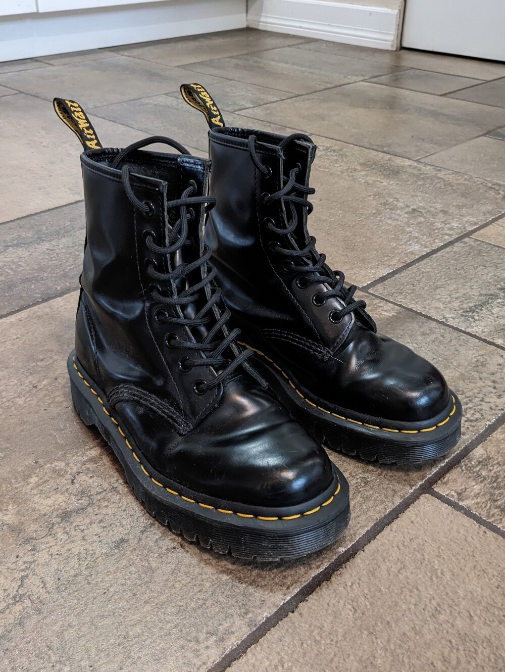 Dr. Martens Black Leather Bex  8-eye  Platform Combat Boots Yellow Welt Size 6